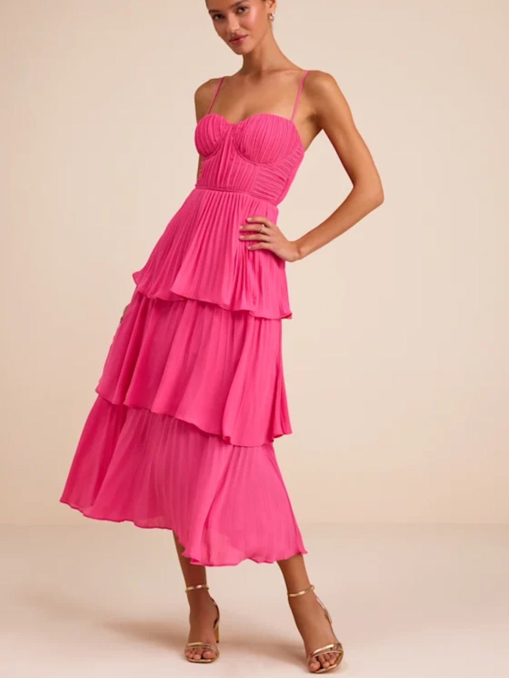 Cascade Crush Hot Pink Tiered Midi Dress Medium - Women